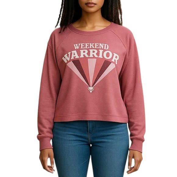 True Craft Large Pink Red Weekends Warrior Graphic Sweatshirt Distressed Casual - Picture 1 of 9